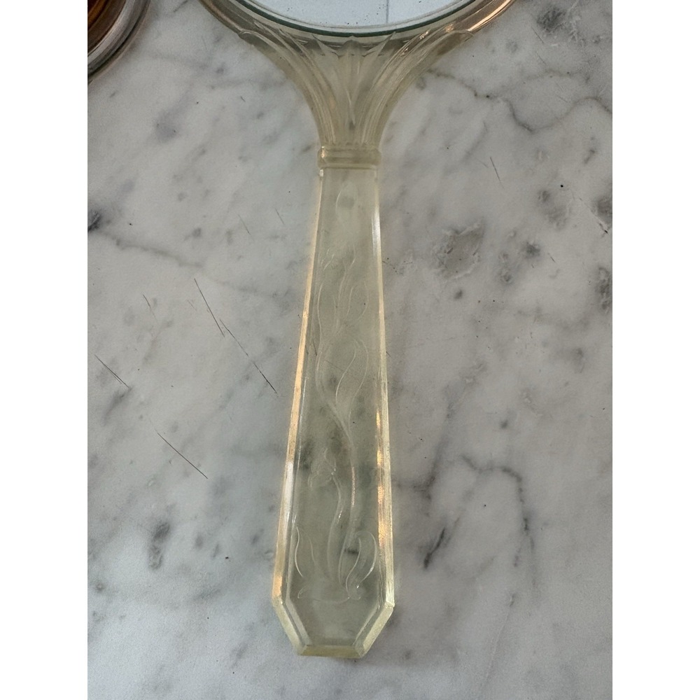 Vtg Early 20th Century Lucite Hand Held Mirror Brush Floral Bouquet Medallian - Picture 8 of 8